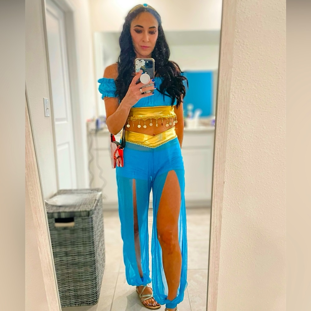 Blue and Gold Off-Shoulder Split-Leg Jumpsuit